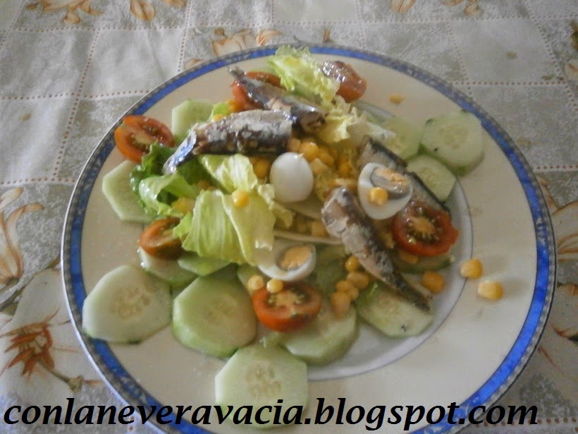 ENSALADA CON PEPINO Y SARDINILLAS.